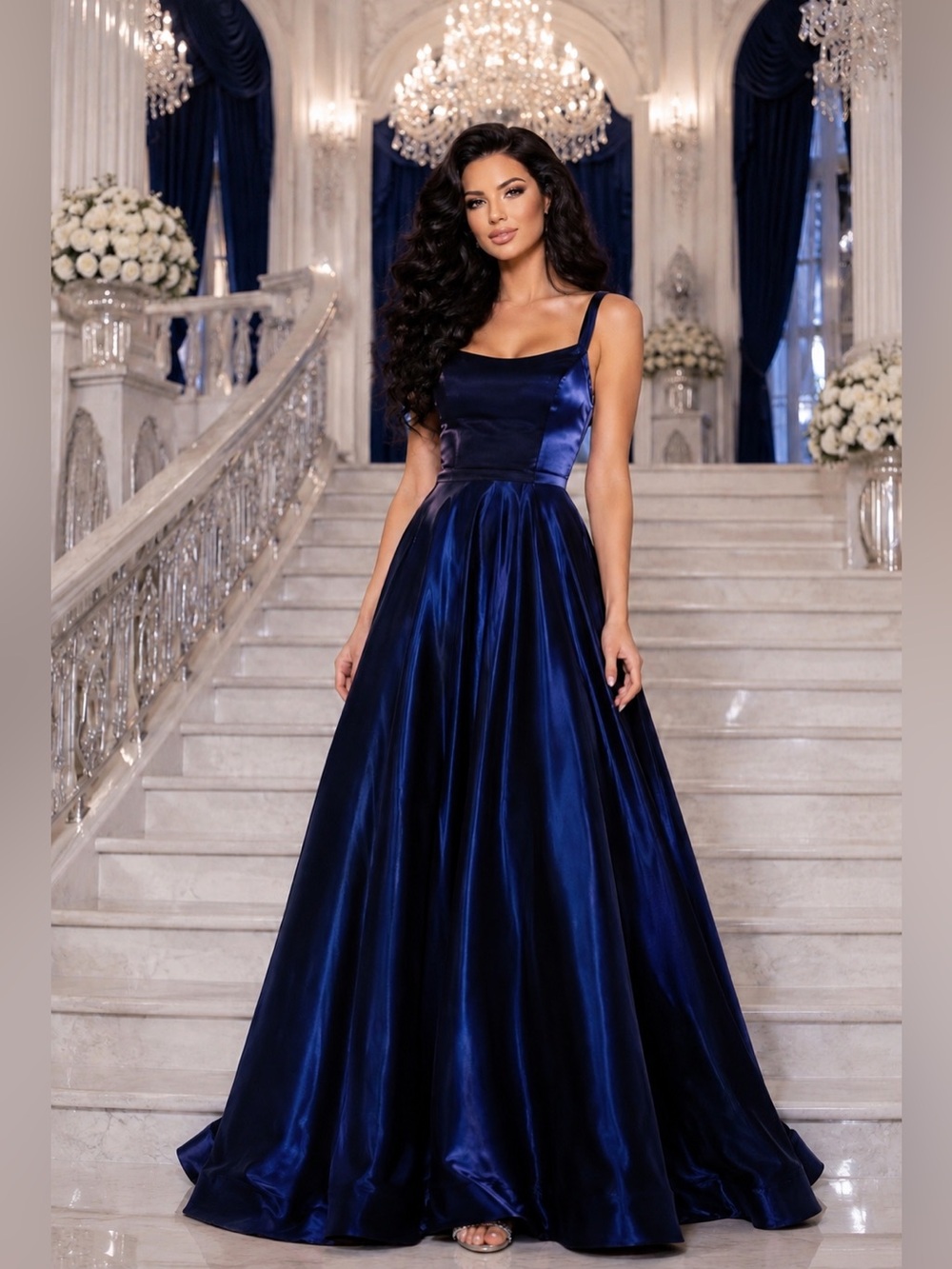 NWT Sherri Hill 52457 Navy Blue Shimmer A-Line Gala Wedding Gown Dress Sz 10